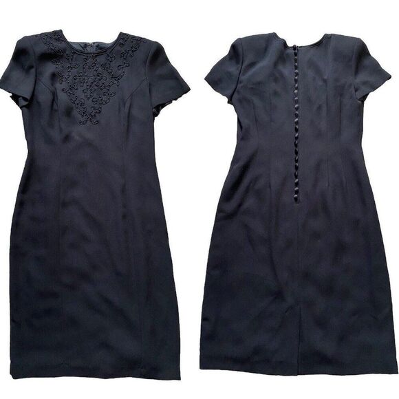 Vintage Donna Morgan Dress Black Beaded Sheath 1980s 80s Mid Length 10 - Picture 1 of 9